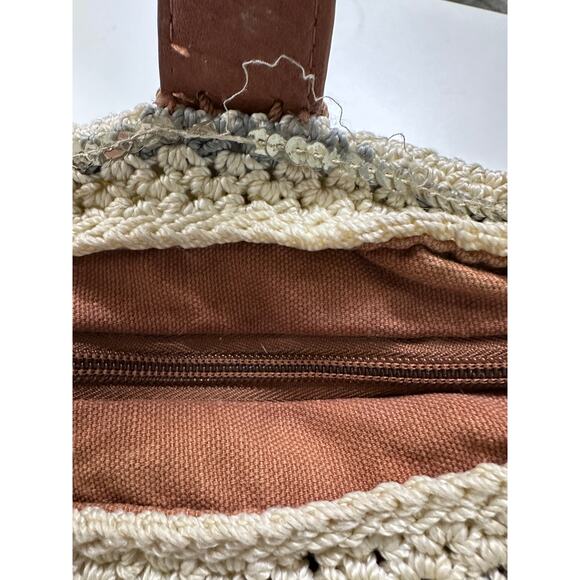 THE SAK BAG Large Zipper Crocheted Leather Trim Cream Gray - Picture 5 of 16